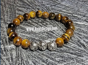 10mm Tiger Eye & Silver Lava Bead Bracelet (sized for Men 8.5")