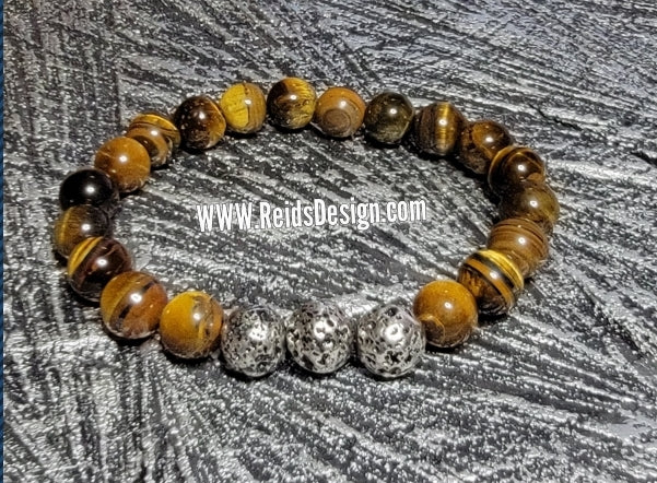 10mm Tiger Eye & Silver Lava Bead Bracelet (sized for Men 8.5