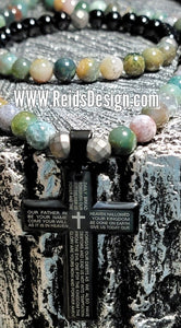 Obsidian and mix stones "Lord's Prayer" Cross Necklace (Size 27.5") and Bracelet Set (Size 8.5")