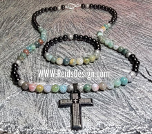 Load image into Gallery viewer, Obsidian and mix stones &quot;Lord&#39;s Prayer&quot; Cross Necklace (Size 27.5&quot;) and Bracelet Set (Size 8.5&quot;)