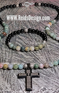 Obsidian and mix stones "Lord's Prayer" Cross Necklace (Size 27.5") and Bracelet Set (Size 8.5")