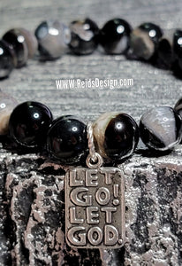 Let go Let God 10mm Agate Beaded Bracelet  ( size 7.5" )
