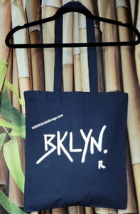 Hand-Painted NAVY " Bklyn & Logo" 100% Cotton Canvas Tote Bags (size 15×16 inches) with Long Handle *Navy  color*