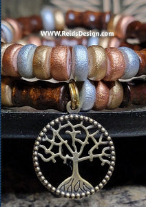 Stackable Tree of Life & Metallic Coconut Heishi Wood Bracelet (size 7.5")