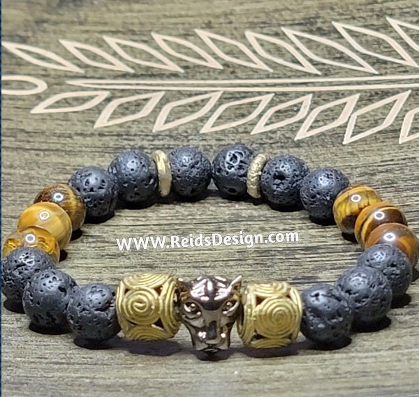 Panther  10mm Lava, Tiger Eye and African Brass Beaded Bracelet (size 8.5