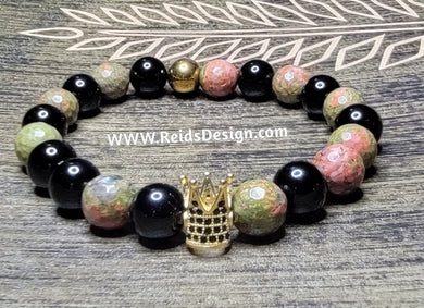 10mm Faceted Unakite and Agate Crown Bracelet (size 8.5