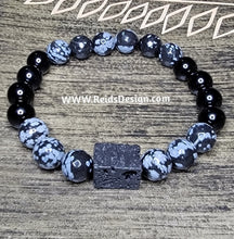 Load image into Gallery viewer, 10mm Snowflake Faceted Obsidian,  Agate and Lave Beaded Bracelet ( size 8.5&quot;)