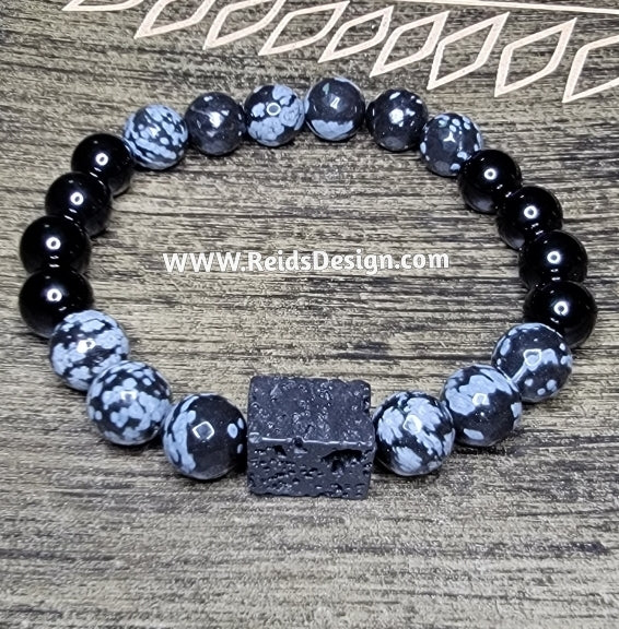 10mm Snowflake Faceted Obsidian,  Agate and Lave Beaded Bracelet ( size 8.5