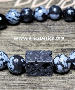 10mm Snowflake Faceted Obsidian,  Agate and Lave Beaded Bracelet ( size 8.5")