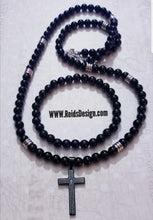 Load image into Gallery viewer, 8mm Obstrian bead and stainless steel spacers with &quot;THE LORD&#39;S PRAYER&quot;  CROSS (  27&quot; ) Necklace and ( 8.5&quot; ) Bracelet Set