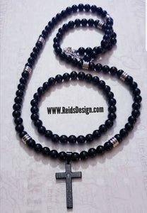 8mm Obstrian bead and stainless steel spacers with "THE LORD'S PRAYER"  CROSS (  27" ) Necklace and ( 8.5" ) Bracelet Set