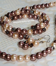 Load image into Gallery viewer, New... 8mm Brown &amp; Beige Glass Pearls (19 inch) Necklace, Wrap Bracelet and Earring Set