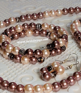 New... 8mm Brown & Beige Glass Pearls (19 inch) Necklace, Wrap Bracelet and Earring Set