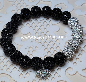 "❤️" Black  and White Rhinestone Crystal 10mm Beaded Bracelet ( size 7.5")