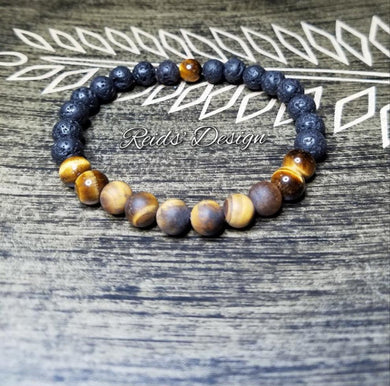 Matt and Shiny Tiger eye and lava bead bracelet